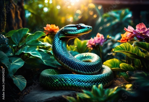 enchanting serpent mystical dusk garden ethereal glow, magical, snake, mysterious, twilight, botanical, otherworldly, luminous, bewitching, reptile, enchanted