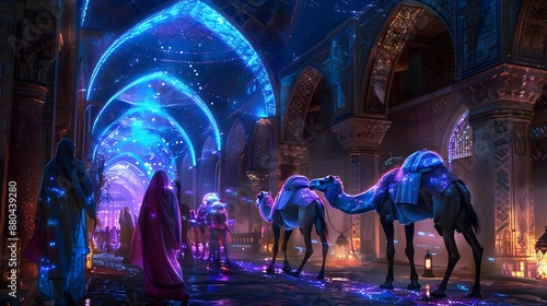 Mystical Bioluminescent Camels in a Glowing Persian Caravanserai at Night
