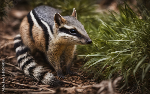 A numbat sniffing through Australian underbrush