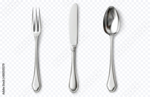 Realistic Cutlery Set, Silverware Design. Isolated Vector Fork, Knife, and Spoon on Transparent Background, Symbolizing Dining and Culinary Tools for Creative Projects.