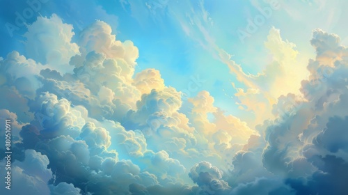 A dreamy cloudscape with soft, fluffy clouds against a bright blue sky.