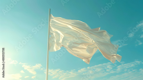 A white flag flutters in the wind in a clear blue sky. The white flag of surrender