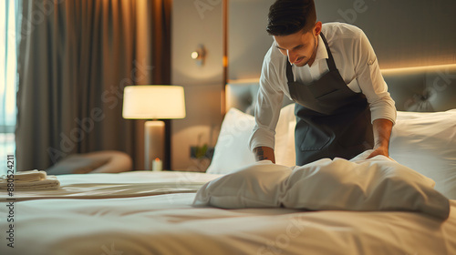 Un homme de chambre qui prépare un lit dans une chambre d'hôtel.