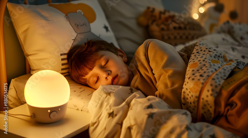 Un enfant qui dort paisiblement avec une veilleuse allumée sur la table de chevet à côté de lui.