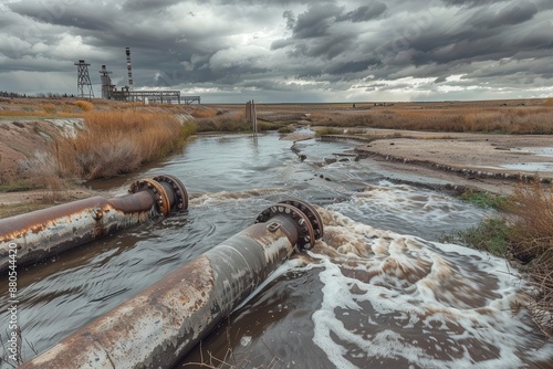 industrial wasteland with rusty pipes spewing toxic sludge into a polluted river surrounded by barren land and ominous storm clouds