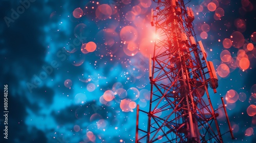 Red cell tower against a blue sky with bokeh.