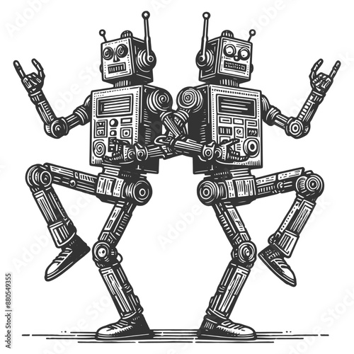 dancing robots with detailed line work, capturing a whimsical and futuristic theme sketch engraving generative ai vector illustration. Scratch board imitation. Black and white image.