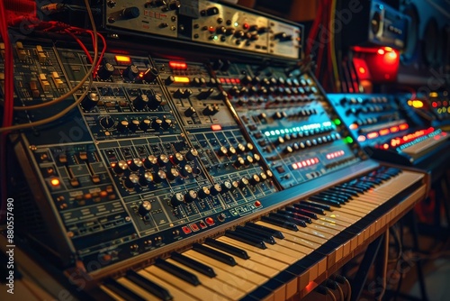 Professional audio synthesizer with keyboard keys is waiting for a sound producer in a recording studio