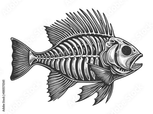 fish skeleton, showcasing intricate bone structure and sharp teeth sketch engraving generative ai vector illustration. Scratch board imitation. Black and white image.