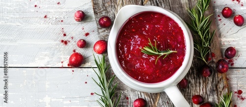 White wooden surface holds a pitcher of flavorful cranberry sauce garnished with rosemary in a flat lay copy space image