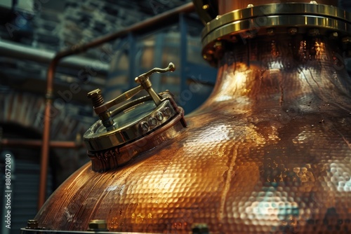 Still: Close-Up of Copper Distillery Still for Whiskey Alcohol Production