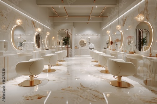 Modern, minimalist hair salon with white chairs, marble floors, and circular mirrors.