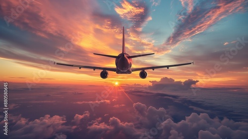 Plane flying in sky at sunset beautiful clouds colorful sky seen from behind soaring high above ground as it glides through air sense of freedom adventure travel to distant places or explore new lands