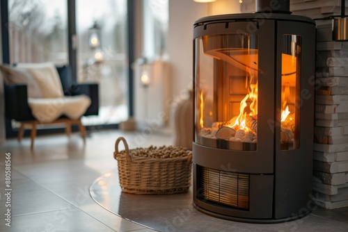 A pellet stove in a living room , flames visible through the glass door