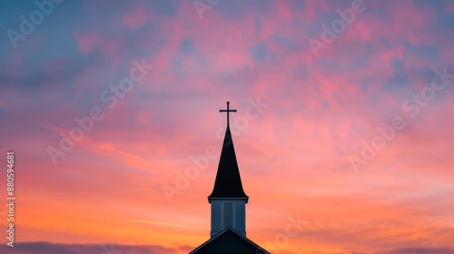 '' silhouette of a Protestant church steeple against a dramatic sunrise with vibrant colors 