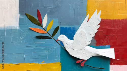 An abstract painting of a dove carrying an olive branch over a chaotic battlefield, symbolizing the power of negotiations 