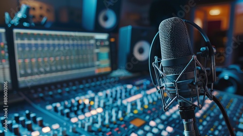 Professional radio station microphone in recording studio or broadcast room, ideal working place of radio host with equipment and soundproofing