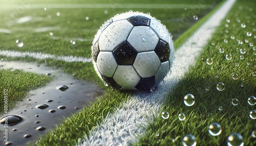 Soccer ball with raindrops on sidelines