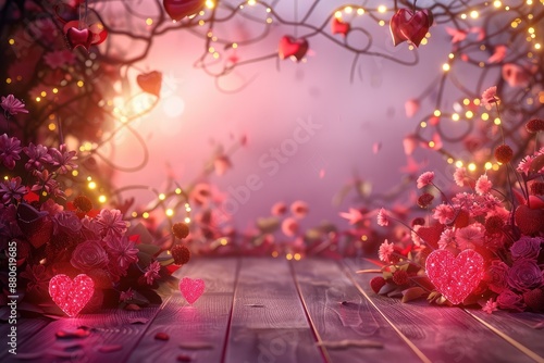 Delightful 3D Valentine's Day Scene with Hearts, Flowers, and Romantic Elements