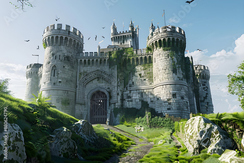 Majestic Medieval Castle on Verdant Hill with Moat and Fortified Towers Silhouetted Against Blue Sky