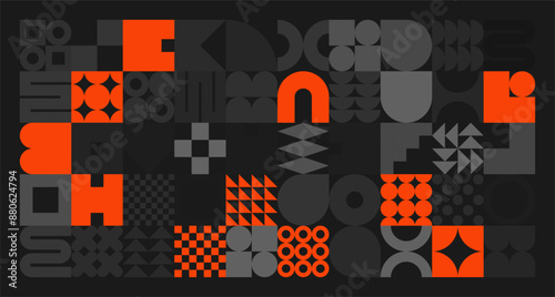 Brutalist geometric shapes, gray and orange symbols. Simple primitive elements and forms. Retro design, trendy contemporary minimalist style. Vector illustration