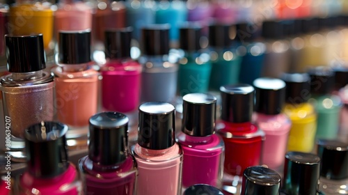 A variety of nail polish bottles in different shades arranged neatly on a table.