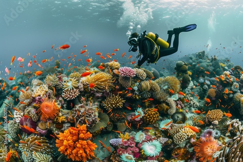 Diver Exploring Vibrant Coral Reef in Tropical Waters