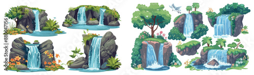 Cascade waterfall isolated on white background. Modern cartoon illustration of blue river flow falling into lake from rocky mountains. Spring forest trees and flowers, tropical island design element.