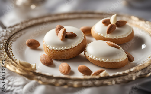 Calissons, almond-shaped and iced, on an elegant plate, chic patisserie, soft ambient light