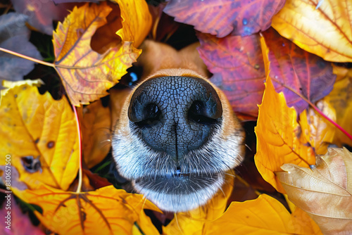 Cute nose of dog sticking out between colorful autumn leaves