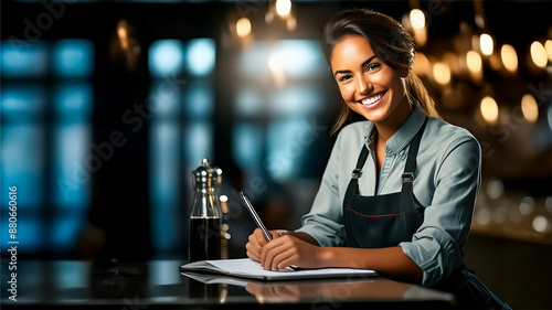 UMA JOVEM E BONITA GARÇONETE USANDO AVENTAL EM PÉ COM UM BLOCO DE NOTAS PARA ANOTAR PEDIDOS EM UM RESTAURANTE OU CAFETERIA