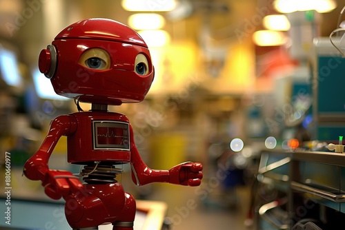 In a hospital room, a red robot nurse with a human-like head and blue eyes assists patients. Its body is red plastic with a spring-loaded mechanism