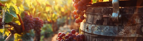 A wooden barrel sits in a lush vineyard. The setting sun casts a warm glow over the grapes and the barrel.