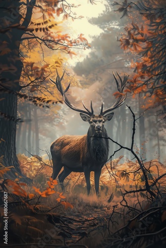 A large and majestic elk stands in the middle of a dense forest