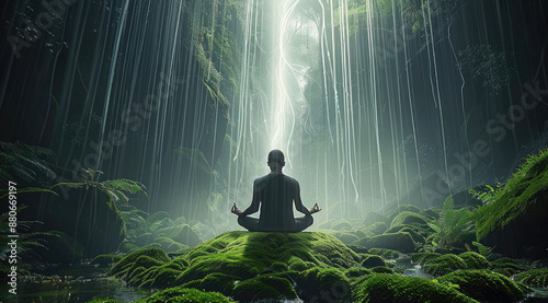 Person meditating on a soft mossy ground of an ancient forest, it's raining, the person body is glowing white, a stream of brilliant white light is pouring into the top of the head. Generative AI.