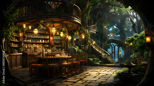 A cozy tavern nestled in the roots of a giant tree, glowing with warm light, filled with bottles of exotic drinks. A magical and welcoming atmosphere.