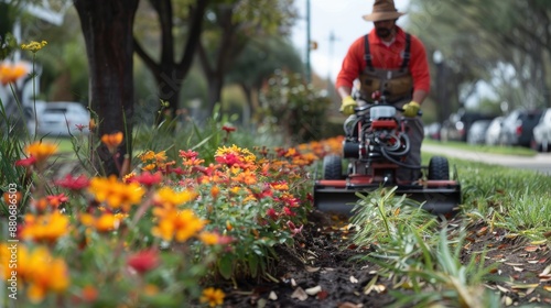 A dedicated gardener in a red shirt using a motorized lawn aerator to maintain a vibrant flower bed full of bright orange and yellow flowers along a tree-lined street with parked cars on a sunny day