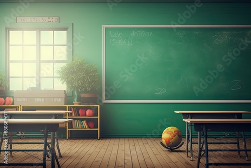 School classroom without young student. View of elementary class room no kid or teacher with chairs and tables in campus.