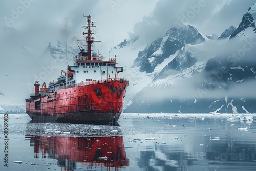 A majestic red icebreaker ship named RRS Ernest Shackleton navigates through the icy waters of the Arctic Ocean, surrounded by towering snow-covered mountains and floating icebergs