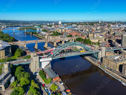 Newcastle, Northumberland, United Kingdom. 08.07.2024 Lovely Aerial morning image taken of the Tyne Bridge which spans The River Tyne. 8th July 2024.