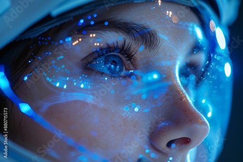 Close-up of a female astronaut's eye in a helmet