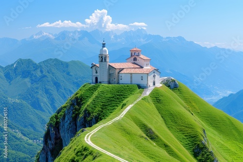 Serene mountain landscape with church in background, ideal travel destination with religious architecture and stunning nature.