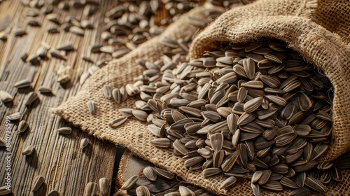 Closeup of a burlap sack filled with striped sunflower seeds spilling on a burlap surface