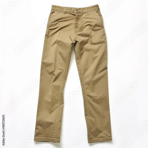 A pair of khaki women's trousers with a straight leg cut and front pockets, isolated on white background.