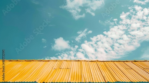 Yellow roof ridge with 1958 digits against blue sky with white clouds