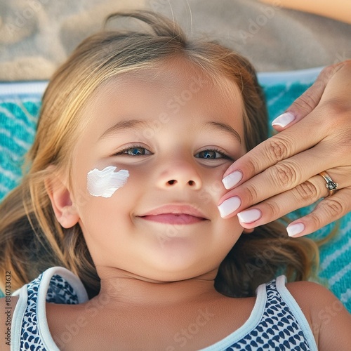 Mama i dziecko na plaży. Mama smaruje twarz dziecka kremem przeciwsłonecznym