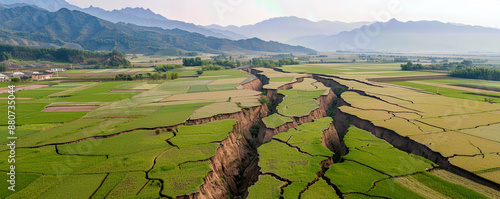 a serene rural landscape disrupted by deep cracks and landslides caused by an earthquake