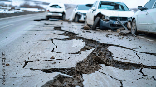 a cracked road with upturned cars and destroyed infrastructure in an urban setting