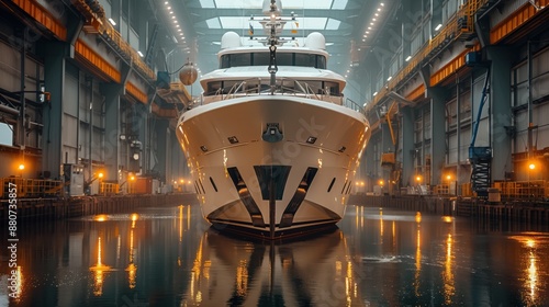 Luxury Yacht in Illuminated Dry Dock. Luxury yacht in a brightly lit dry dock, reflecting the surrounding lights and industrial environment.