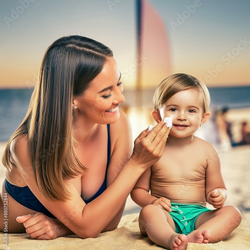 Mama i dziecko na plaży. Mama smaruje twarz dziecka kremem przeciwsłonecznym